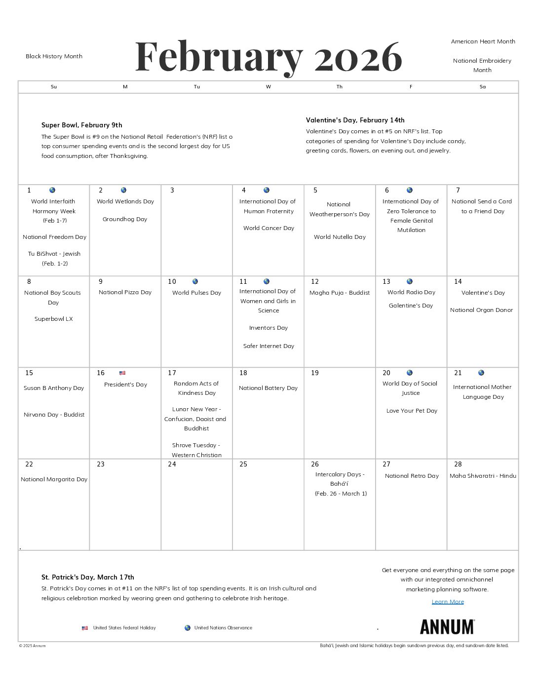 Annum February 2026 Calendar with Holidays Printable