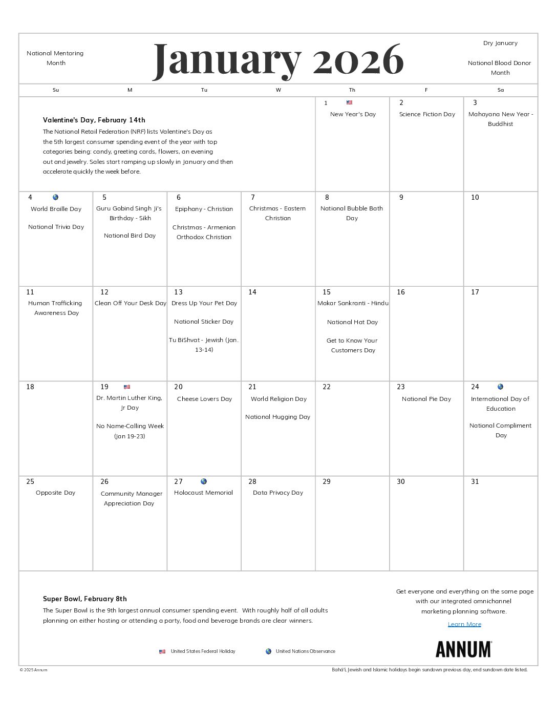 Annum January 2026 Calendar with Holidays Printable