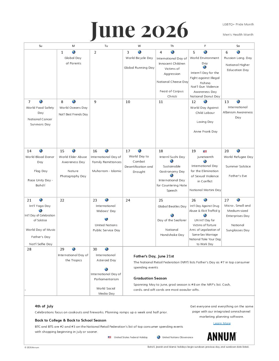 Annum June 2026 Calendar with Holidays Printable