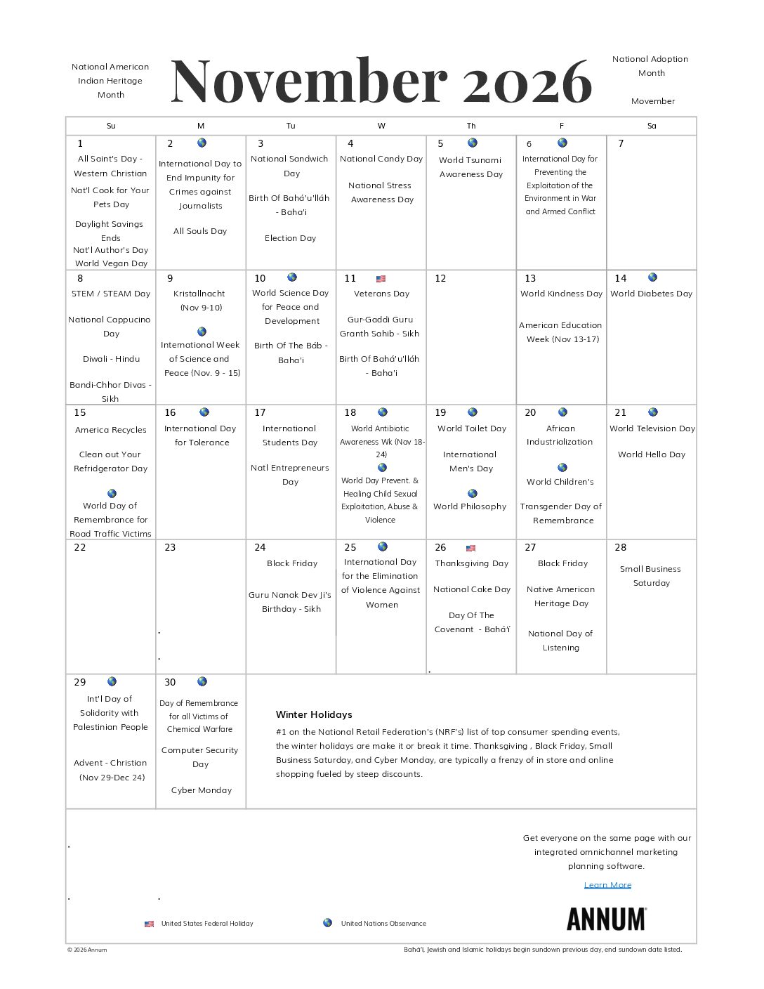Annum November 2026 Calendar with Holidays Printable V3